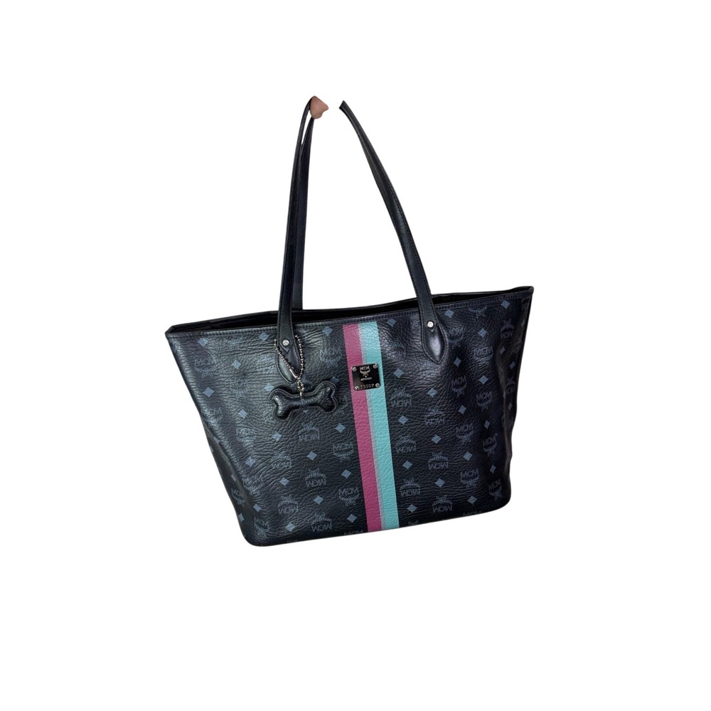 MCM Black Visetos‎ Stripe Tote Bag - Rare Pink & Teal Racing Stripe & Dog Charm